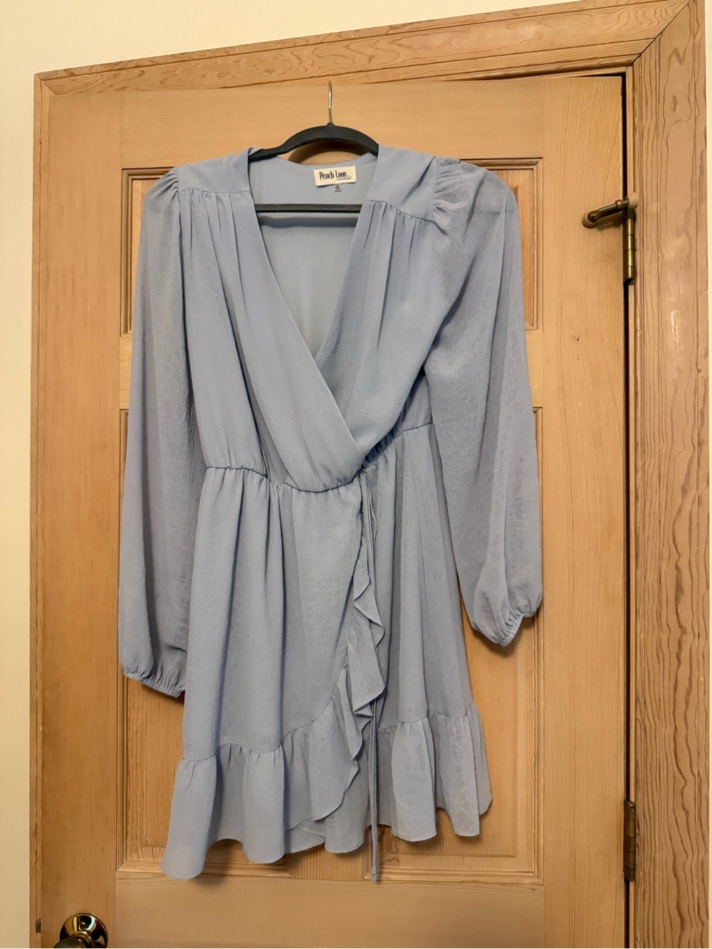 Peach Love California Light Blue Long Sleeve Ruffle Wrap Dress